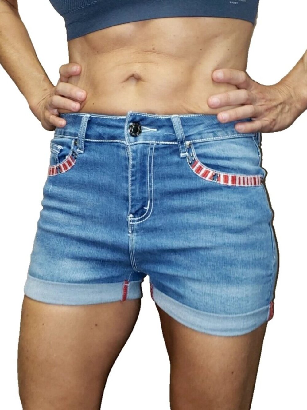 Blue Savvy jeans shorts roll-up hem with red, w and blue trim in size 7/28